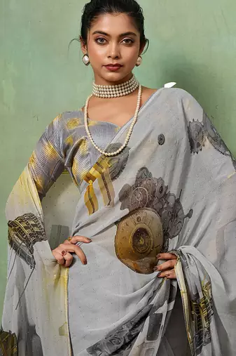 Grey georgette abstract printed saree with unstitched blouse