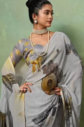 Grey georgette abstract printed saree with unstitched blouse