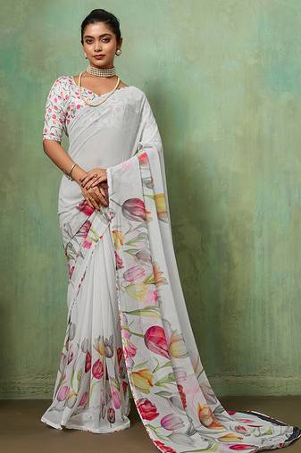 White georgette floral printed saree with unstitched blouse
