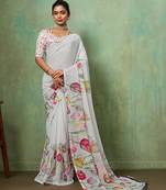 White georgette floral printed saree with unstitched blouse