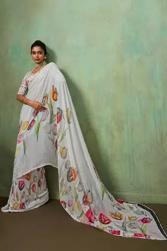 White georgette floral printed saree with unstitched blouse