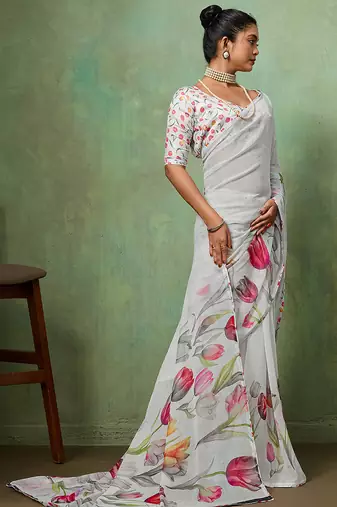 White georgette floral printed saree with unstitched blouse