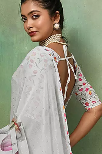 White georgette floral printed saree with unstitched blouse