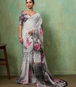 Grey georgette abstract printed saree with unstitched blouse