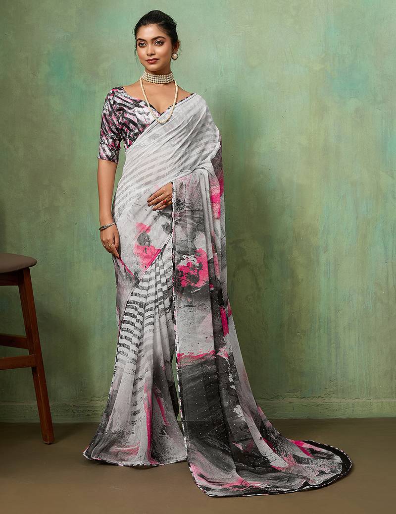 Grey georgette abstract printed saree with unstitched blouse
