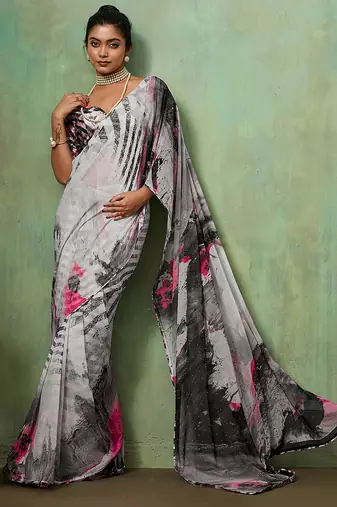 Grey georgette abstract printed saree with unstitched blouse