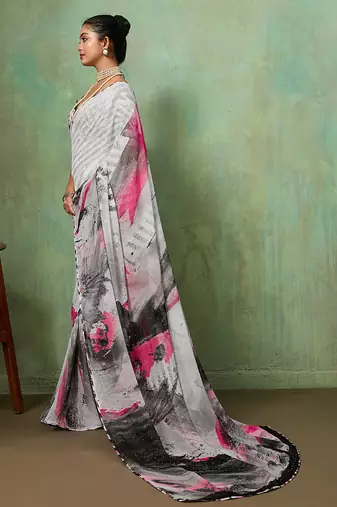 Grey georgette abstract printed saree with unstitched blouse
