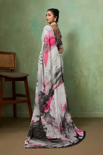 Grey georgette abstract printed saree with unstitched blouse