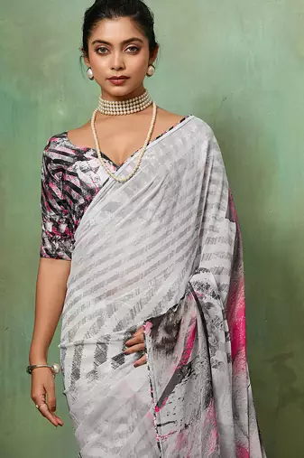 Grey georgette abstract printed saree with unstitched blouse