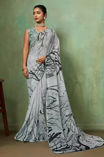 Grey georgette abstract printed saree with unstitched blouse