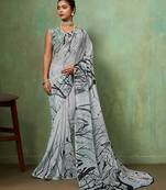 Grey georgette abstract printed saree with unstitched blouse