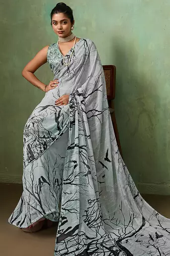 Grey georgette abstract printed saree with unstitched blouse