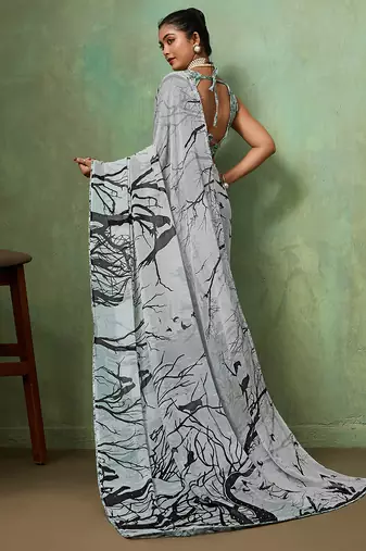 Grey georgette abstract printed saree with unstitched blouse