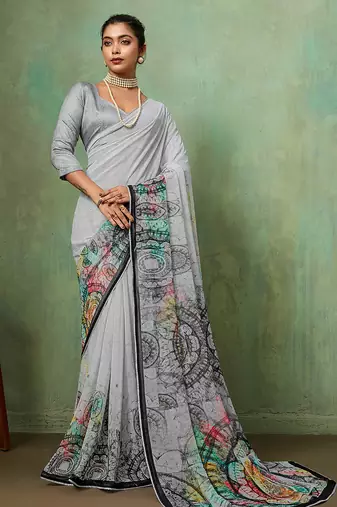 Grey georgette geometrical printed saree with unstitched blouse