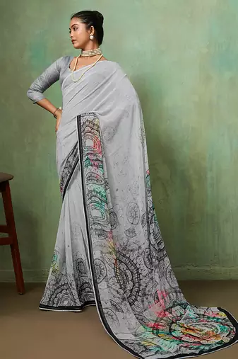 Grey georgette geometrical printed saree with unstitched blouse