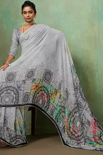 Grey georgette geometrical printed saree with unstitched blouse