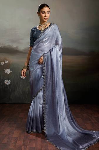 Grey satin plain dyed saree with unstitched blouse