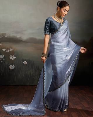 Grey satin plain dyed saree with unstitched blouse 2
