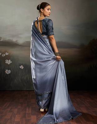 Grey satin plain dyed saree with unstitched blouse 3