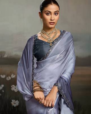 Grey satin plain dyed saree with unstitched blouse 5