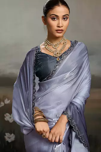 Grey satin plain dyed saree with unstitched blouse