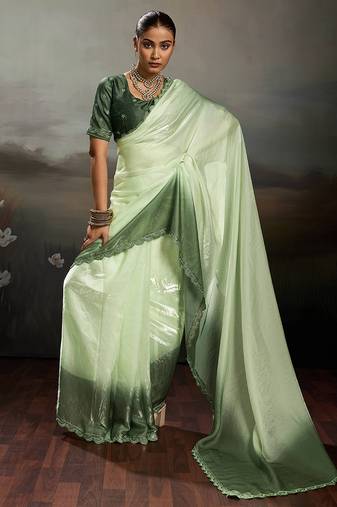 Green satin plain dyed saree with unstitched blouse