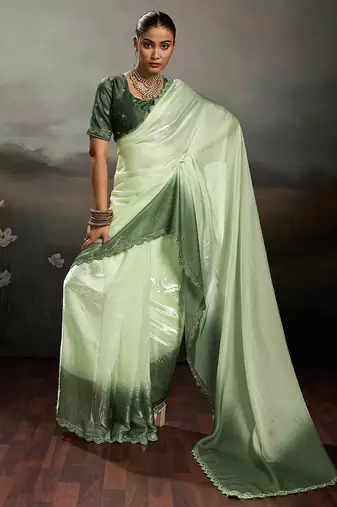 Green satin plain dyed saree with unstitched blouse