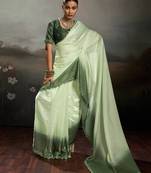 Green satin plain dyed saree with unstitched blouse
