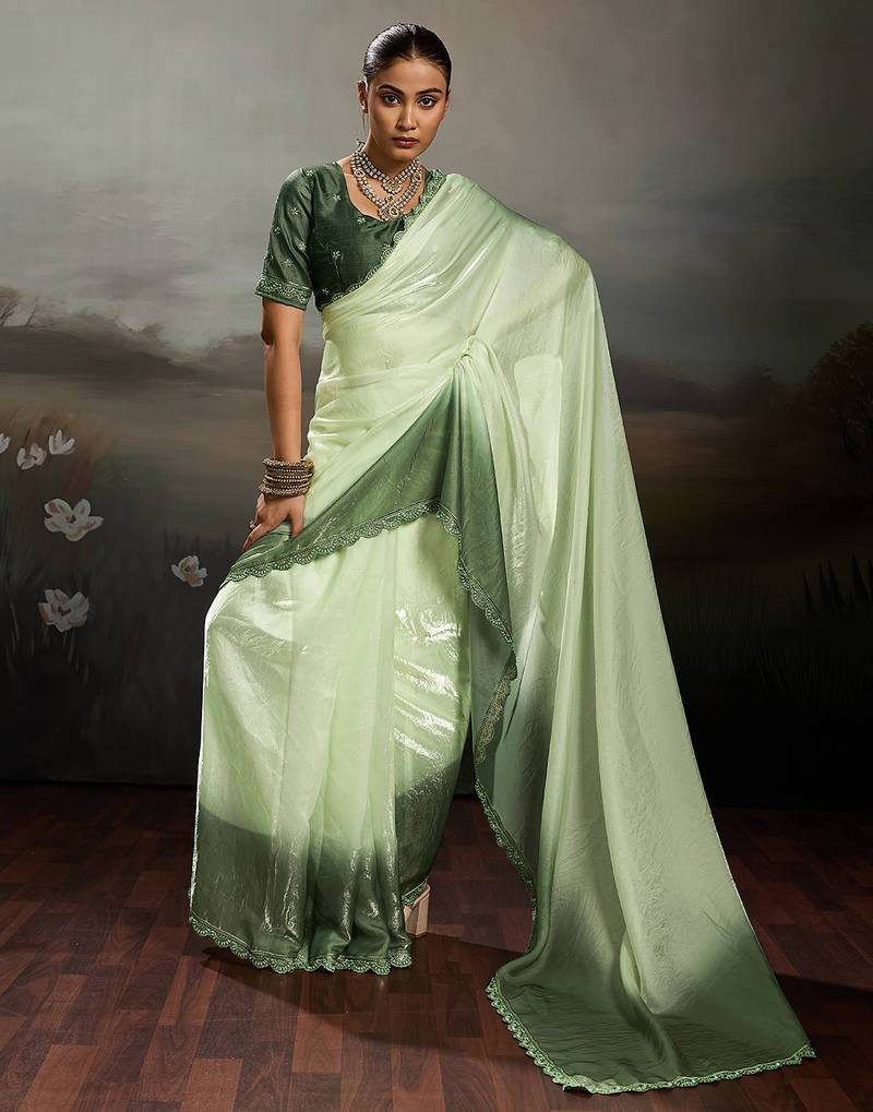 Green satin plain dyed saree with unstitched blouse