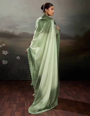 Green satin plain dyed saree with unstitched blouse 3