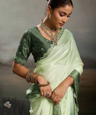 Green satin plain dyed saree with unstitched blouse 4