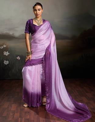 Pink satin plain dyed saree with unstitched blouse 1