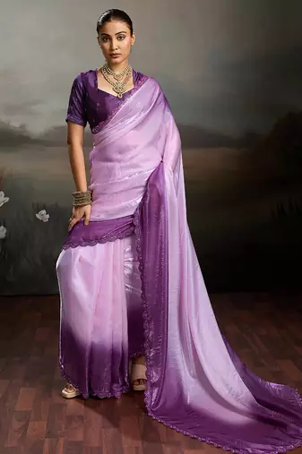 Pink satin plain dyed saree with unstitched blouse