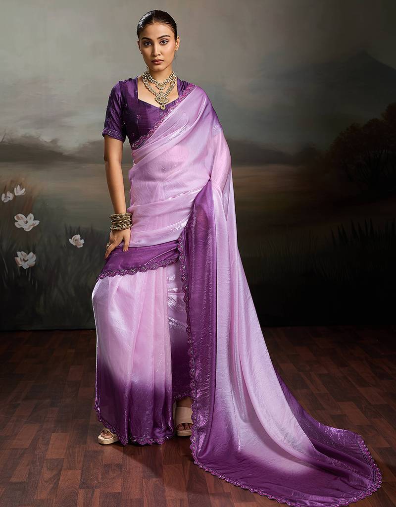 Pink satin plain dyed saree with unstitched blouse