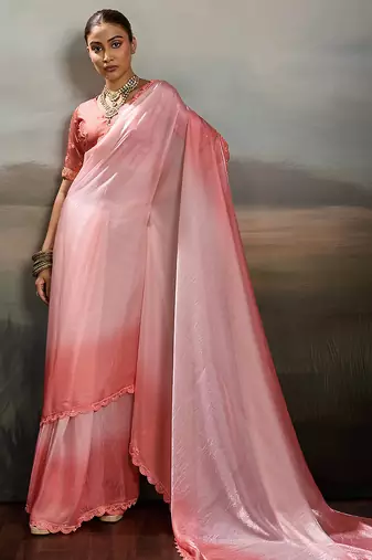 Rose pink satin plain dyed saree with unstitched blouse