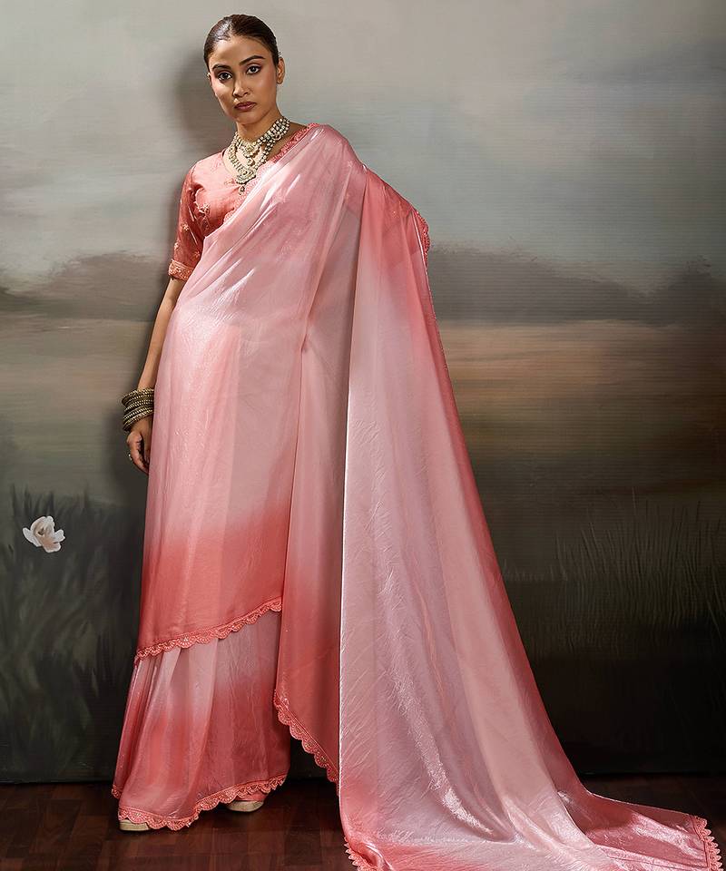 Rose pink satin plain dyed saree with unstitched blouse