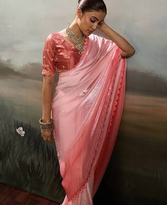 Rose pink satin plain dyed saree with unstitched blouse 4