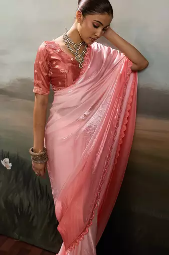 Rose pink satin plain dyed saree with unstitched blouse