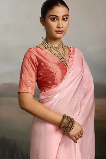 Rose pink satin plain dyed saree with unstitched blouse