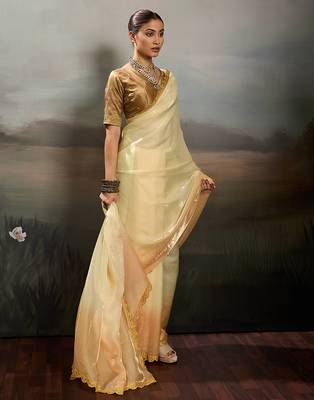 Yellow satin plain dyed saree with unstitched blouse 2