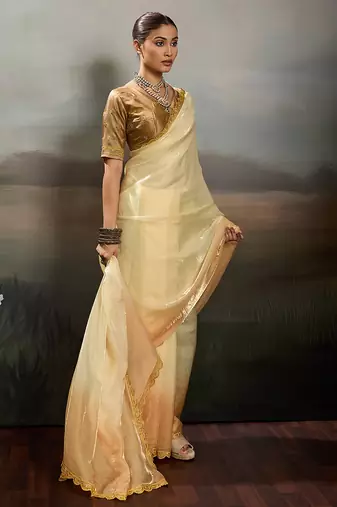 Yellow satin plain dyed saree with unstitched blouse