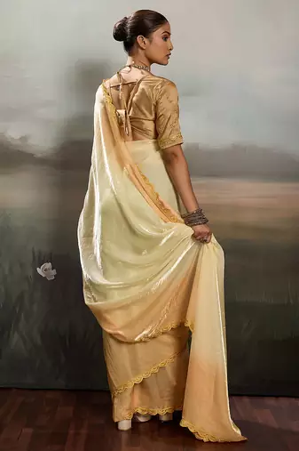 Yellow satin plain dyed saree with unstitched blouse