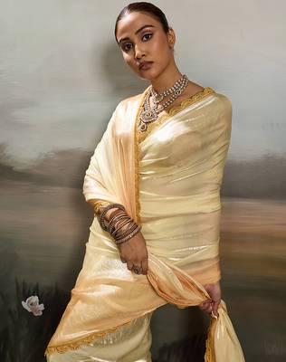 Yellow satin plain dyed saree with unstitched blouse 5