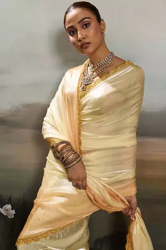 Yellow satin plain dyed saree with unstitched blouse
