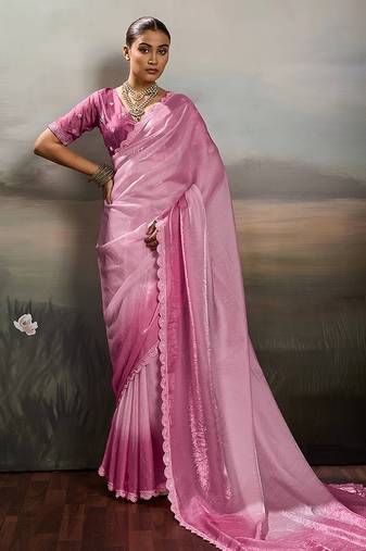 Pink satin plain dyed saree with unstitched blouse