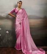 Pink satin plain dyed saree with unstitched blouse
