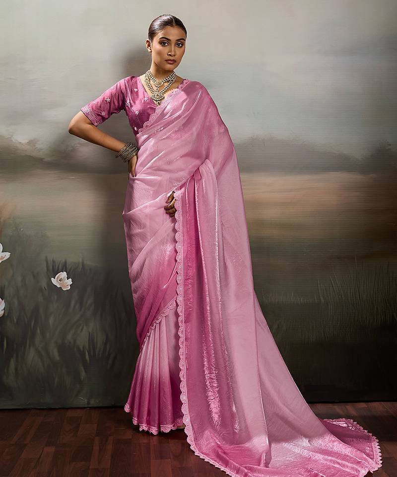Pink satin plain dyed saree with unstitched blouse