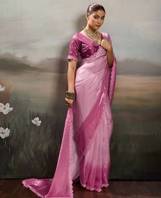 Pink satin plain dyed saree with unstitched blouse 2