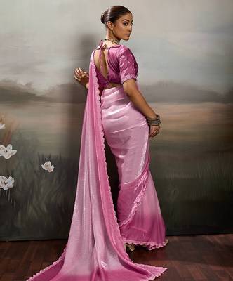 Pink satin plain dyed saree with unstitched blouse 3