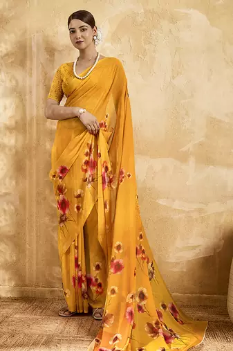 Yellow georgette floral printed saree with unstitched blouse